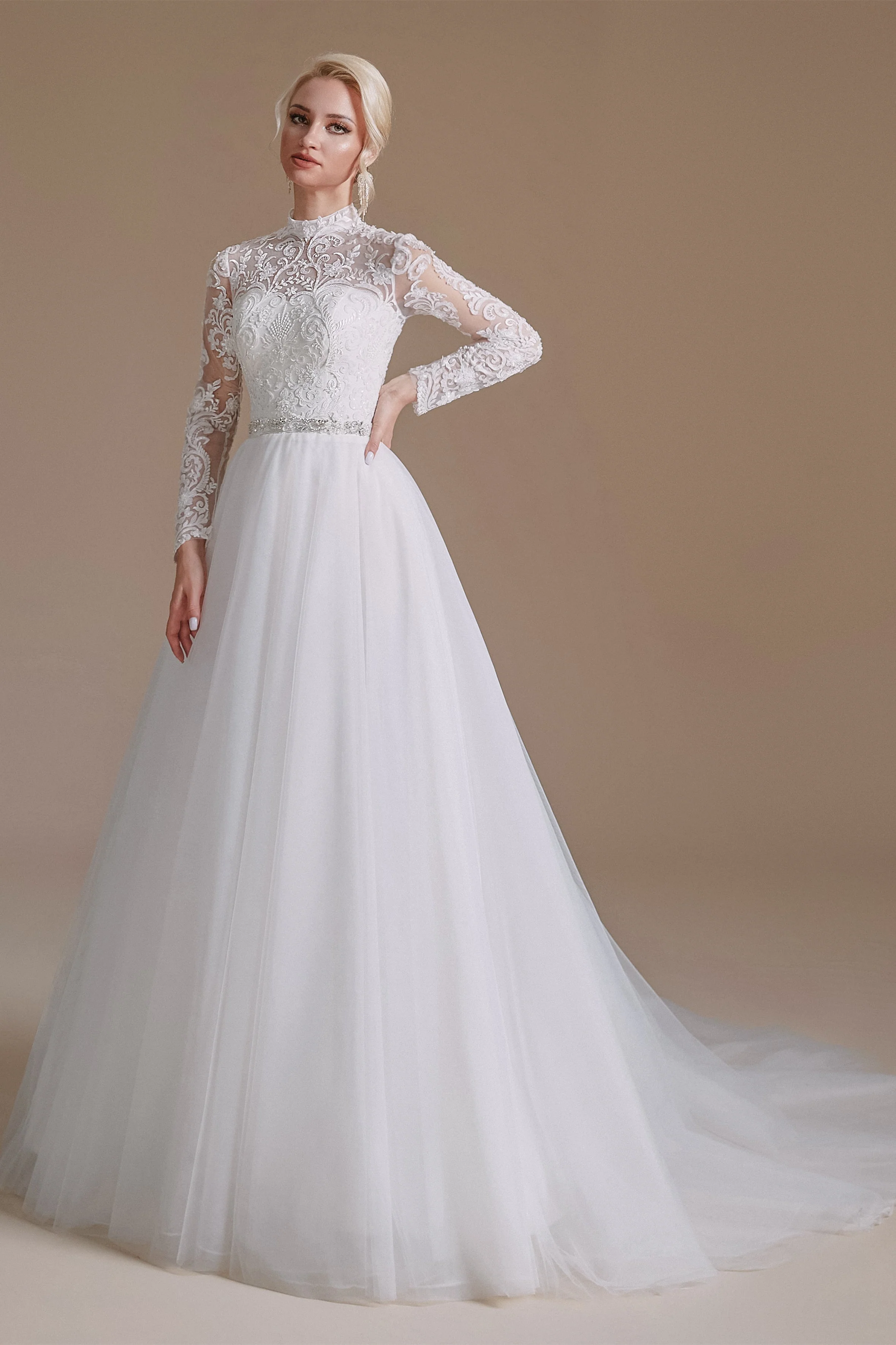 High Collar Lace Applique Long Sleeves Floor Length Wedding Dress | Ballbella Design - Image 4