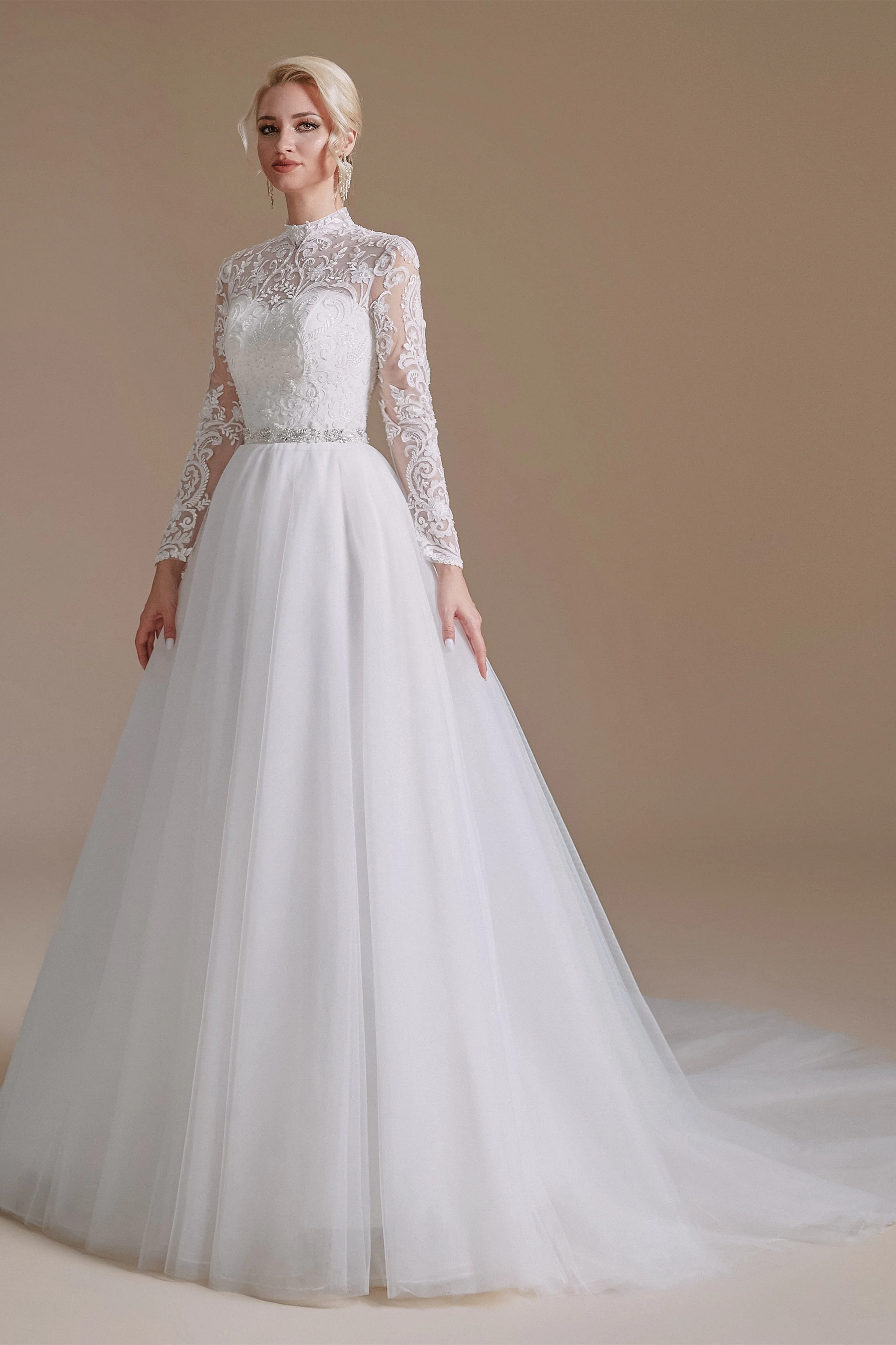 High Collar Lace Applique Long Sleeves Floor Length Wedding Dress | Ballbella Design - Image 5