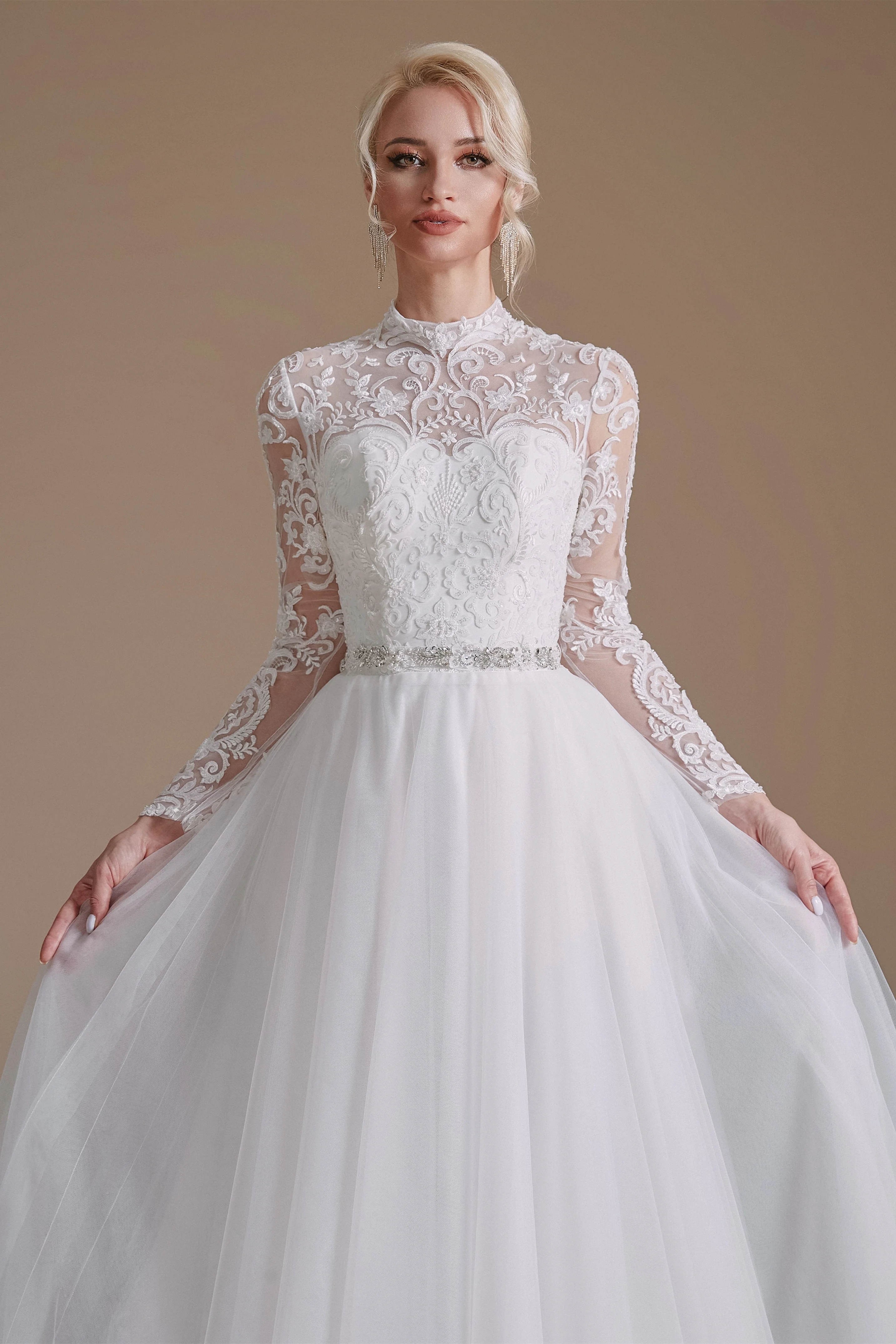 High Collar Lace Applique Long Sleeves Floor Length Wedding Dress | Ballbella Design - Image 6