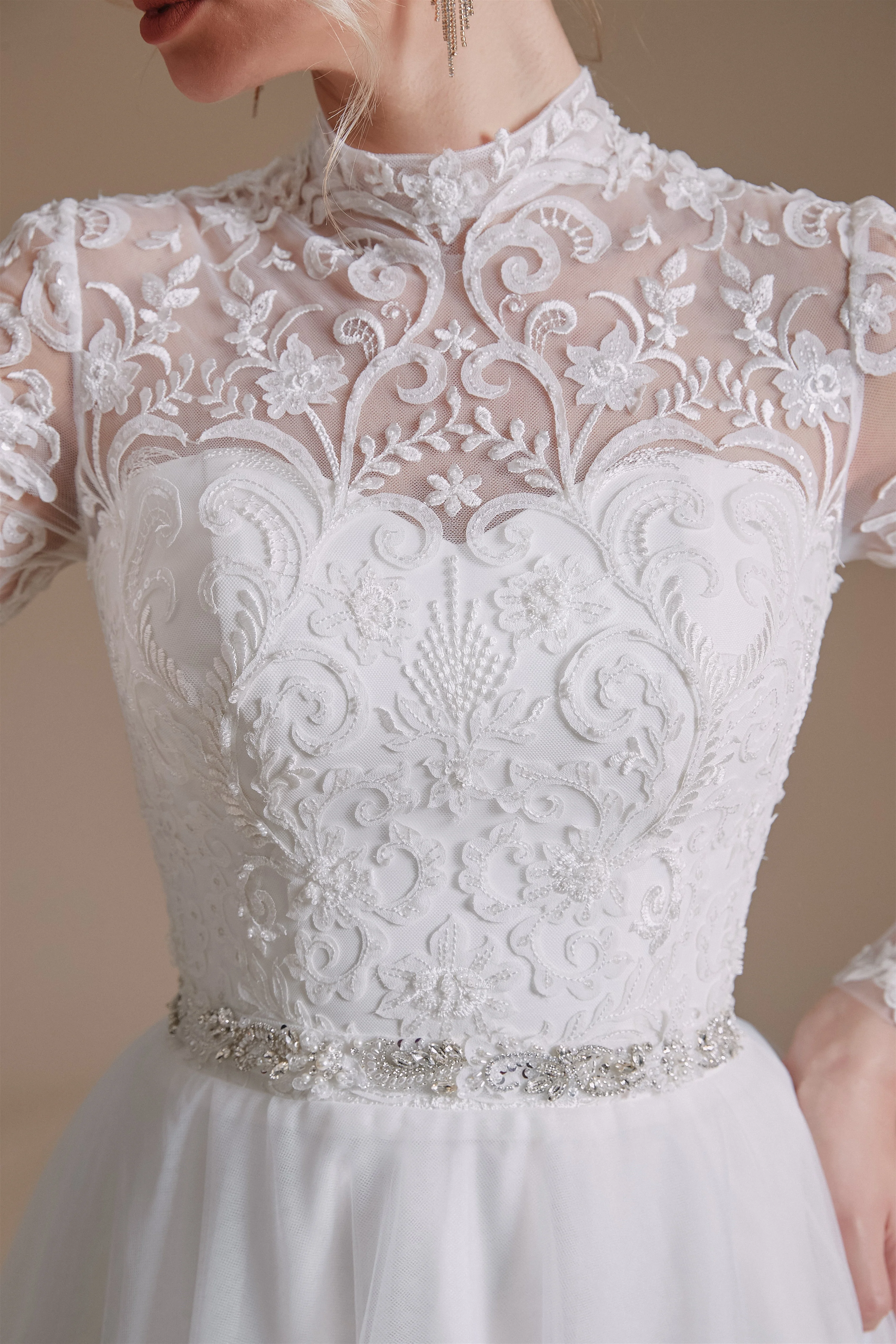 High Collar Lace Applique Long Sleeves Floor Length Wedding Dress | Ballbella Design - Image 7