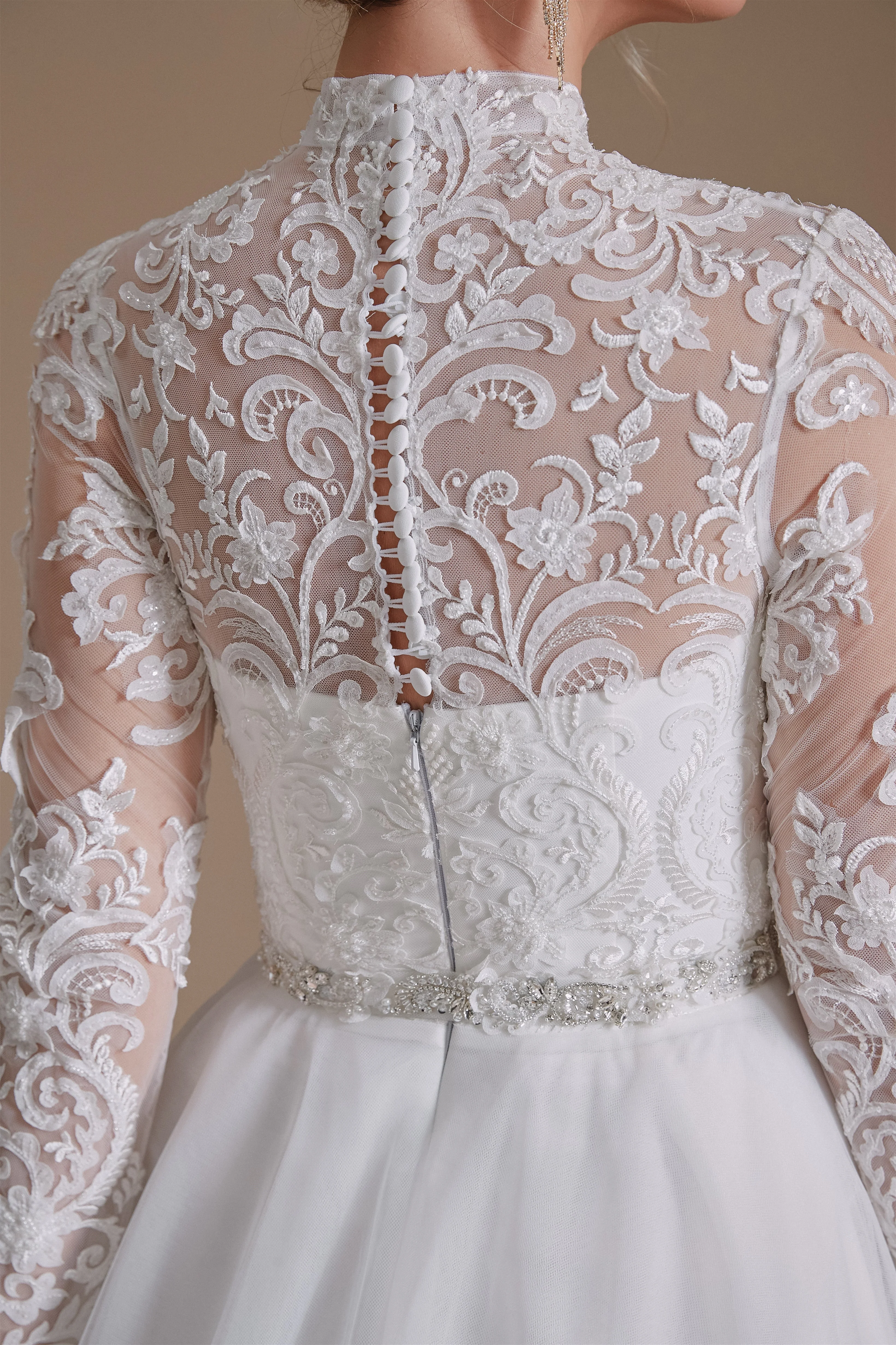 High Collar Lace Applique Long Sleeves Floor Length Wedding Dress | Ballbella Design - Image 8