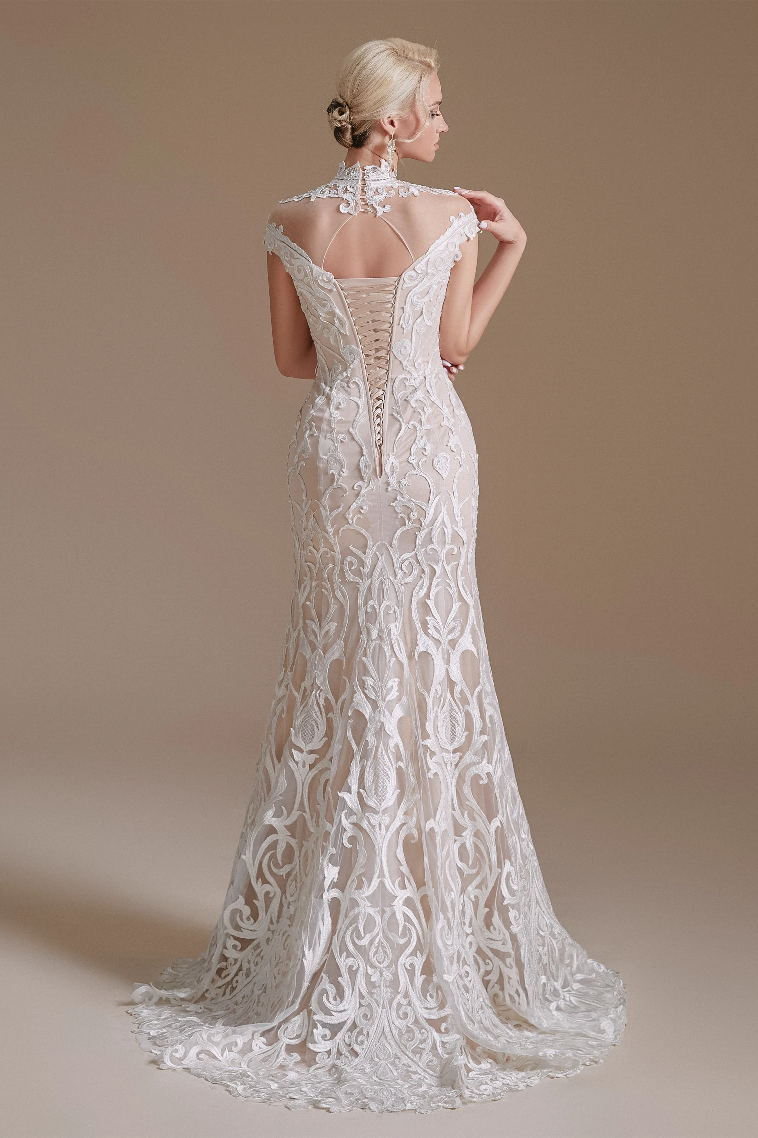 High Collar Lace Long Cap Sleeves Mermaid Wedding Dress | Ballbella Design - Image 2