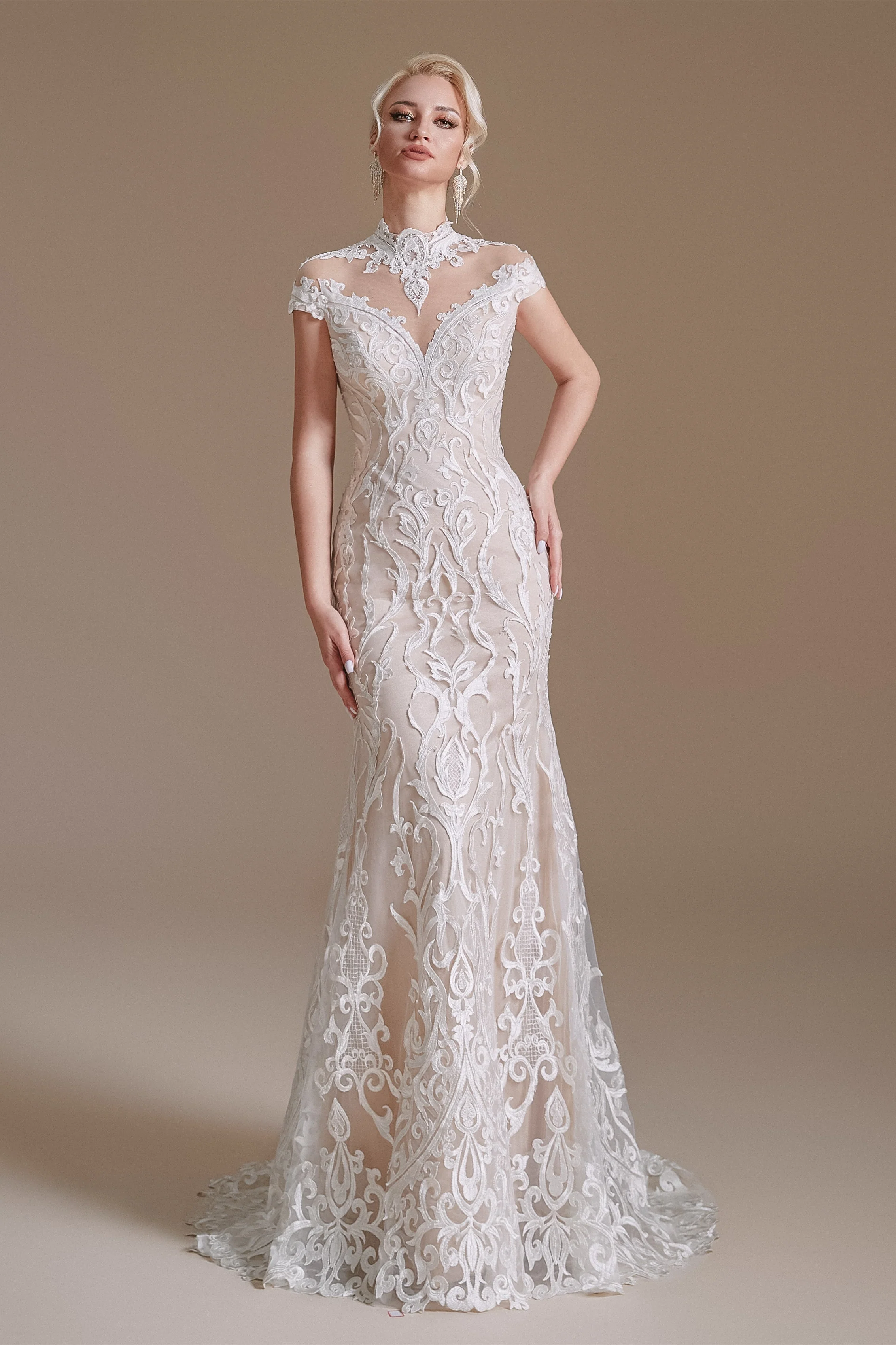 High Collar Lace Long Cap Sleeves Mermaid Wedding Dress | Ballbella Design - Image 3