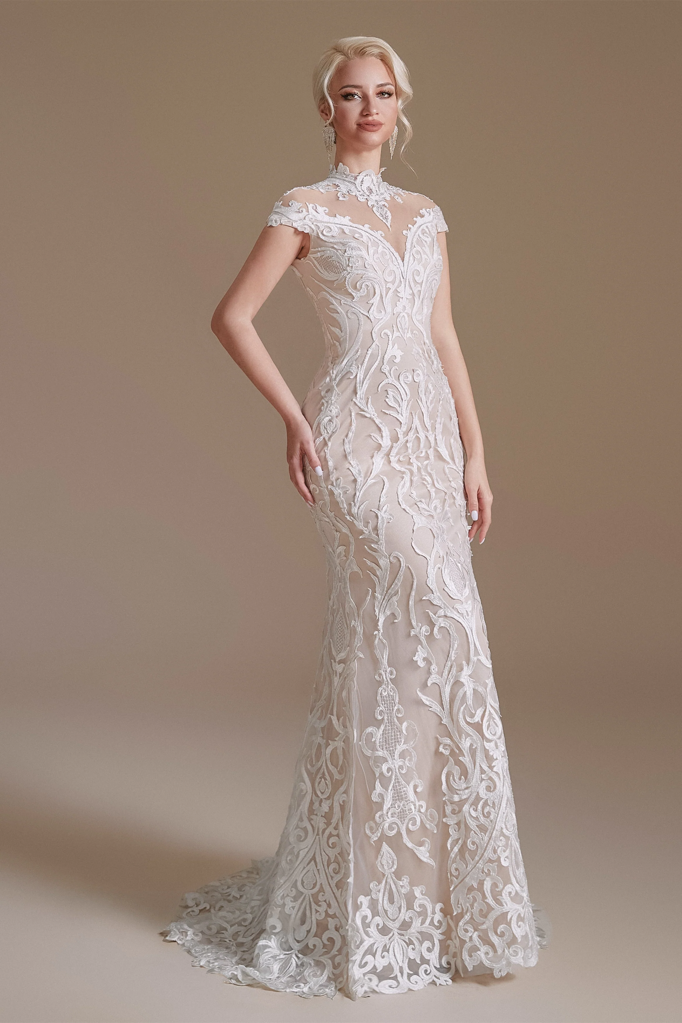 High Collar Lace Long Cap Sleeves Mermaid Wedding Dress | Ballbella Design - Image 4