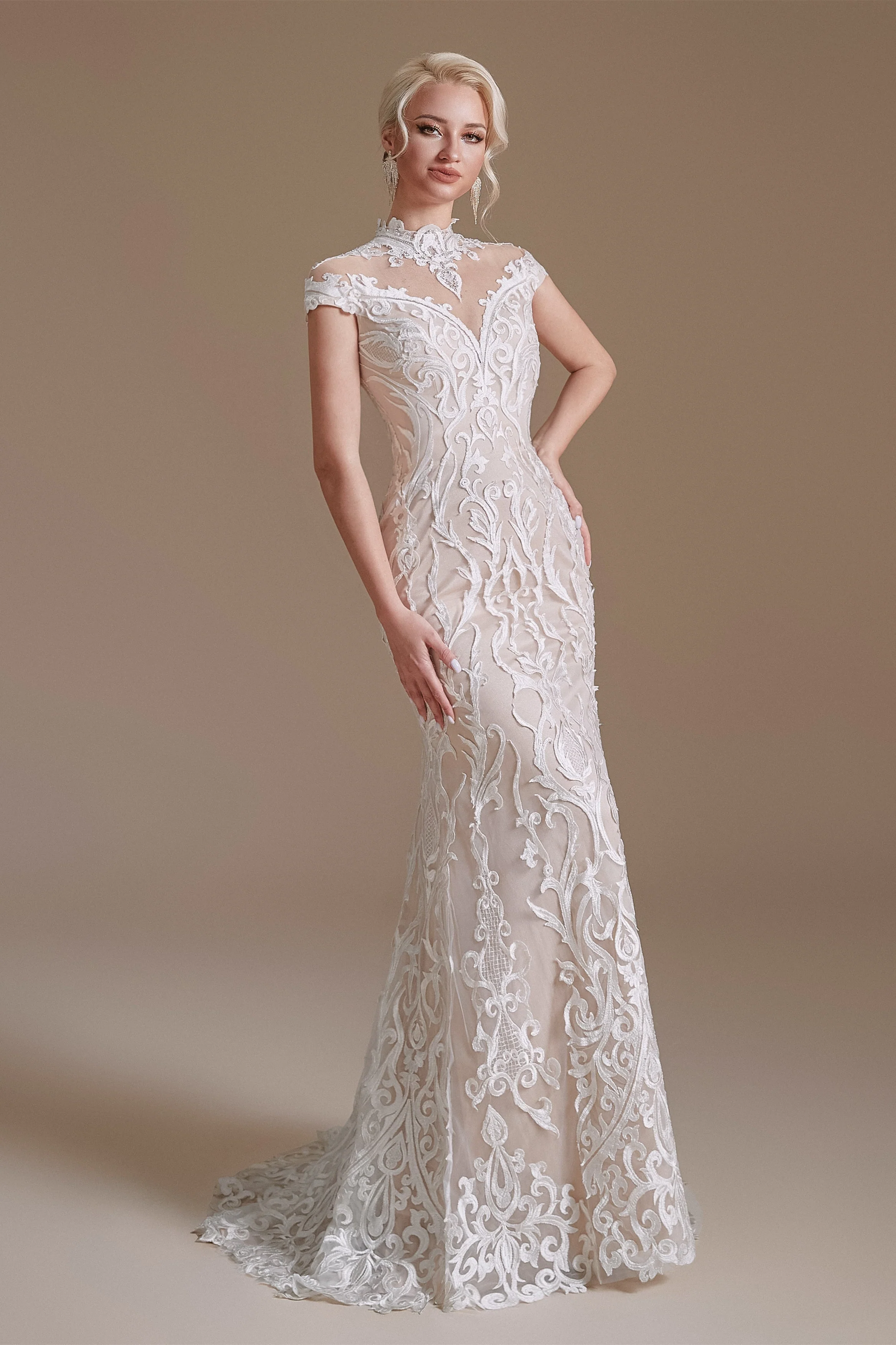 High Collar Lace Long Cap Sleeves Mermaid Wedding Dress | Ballbella Design - Image 5