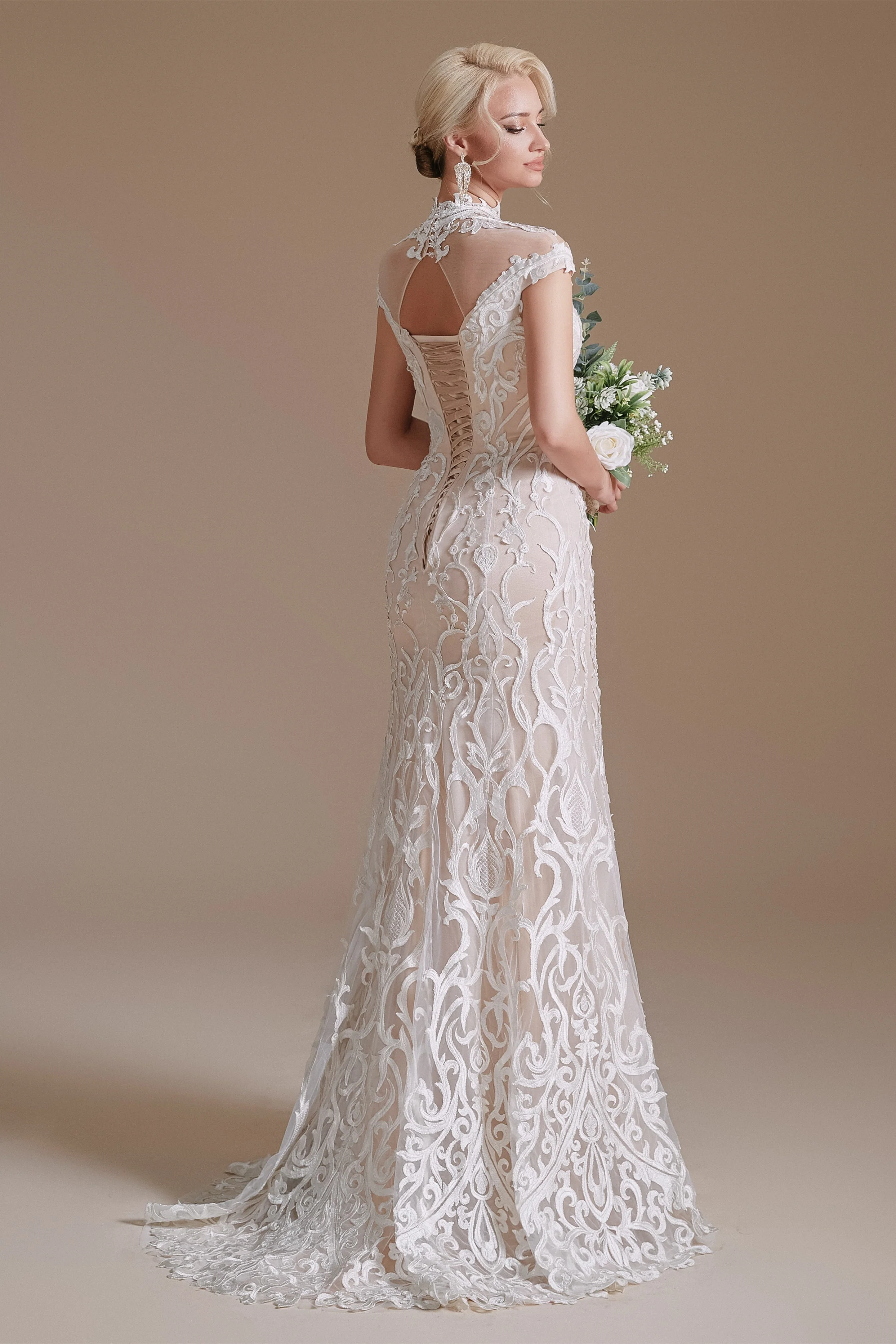 High Collar Lace Long Cap Sleeves Mermaid Wedding Dress | Ballbella Design - Image 6