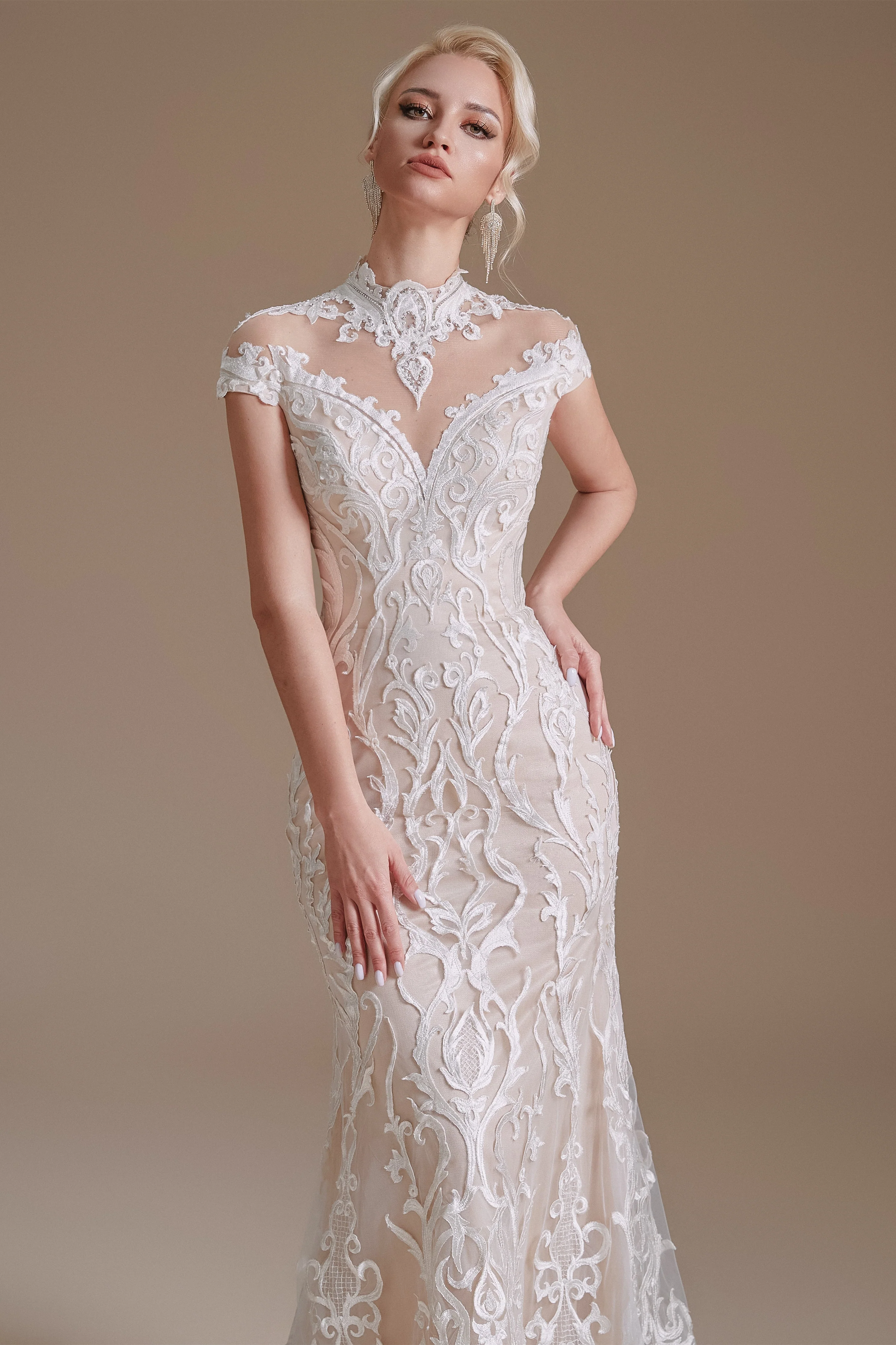 High Collar Lace Long Cap Sleeves Mermaid Wedding Dress | Ballbella Design - Image 7