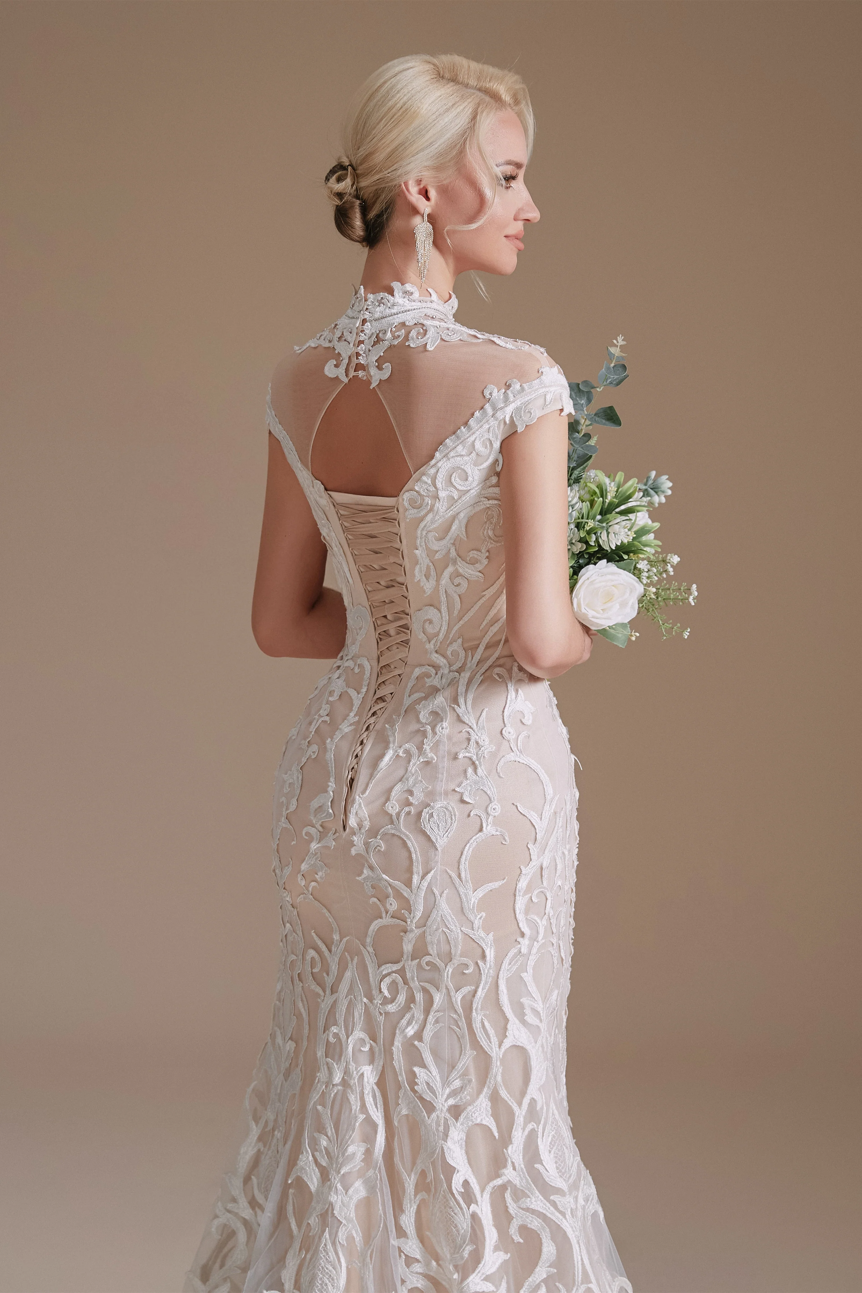 High Collar Lace Long Cap Sleeves Mermaid Wedding Dress | Ballbella Design - Image 8