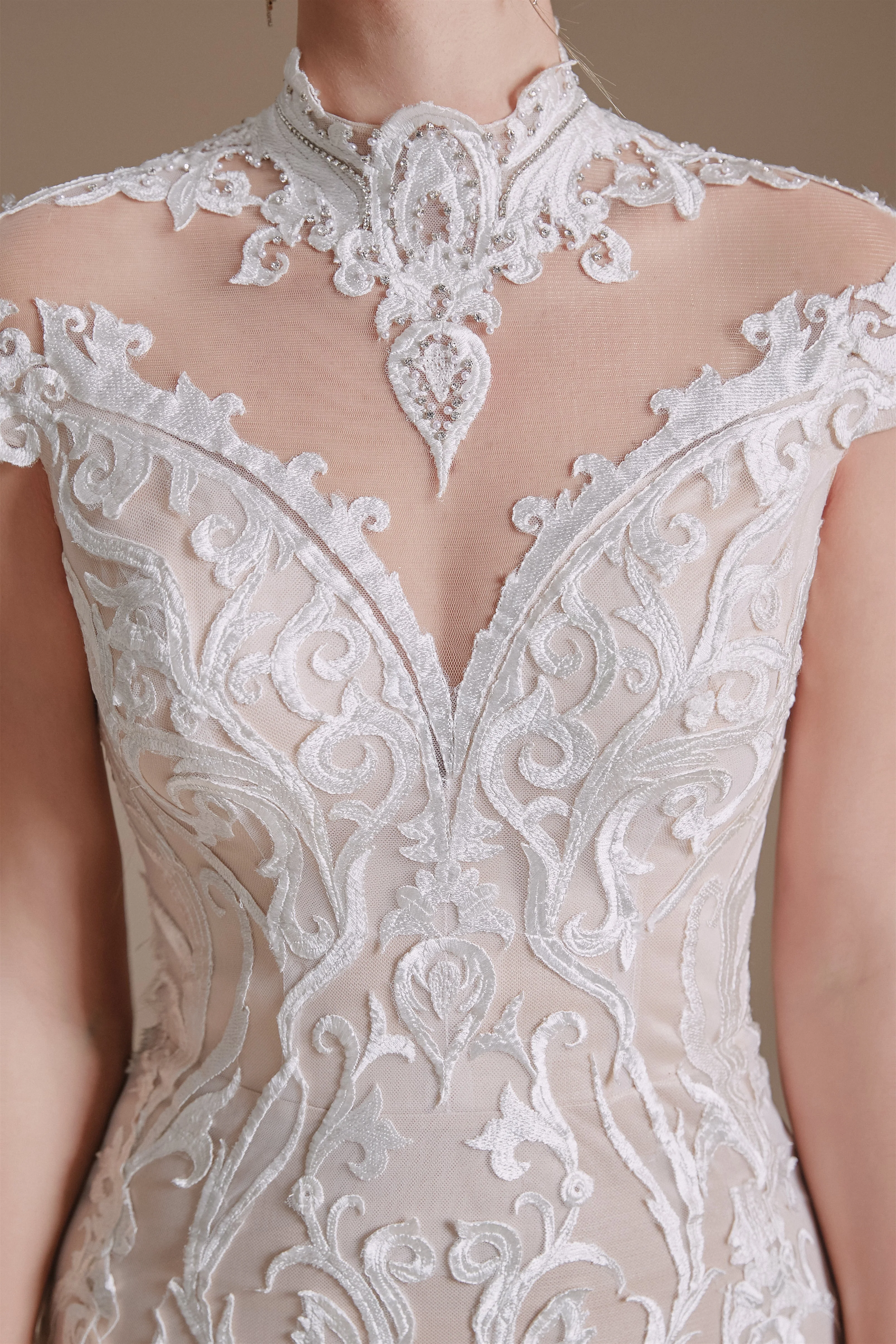 High Collar Lace Long Cap Sleeves Mermaid Wedding Dress | Ballbella Design - Image 9
