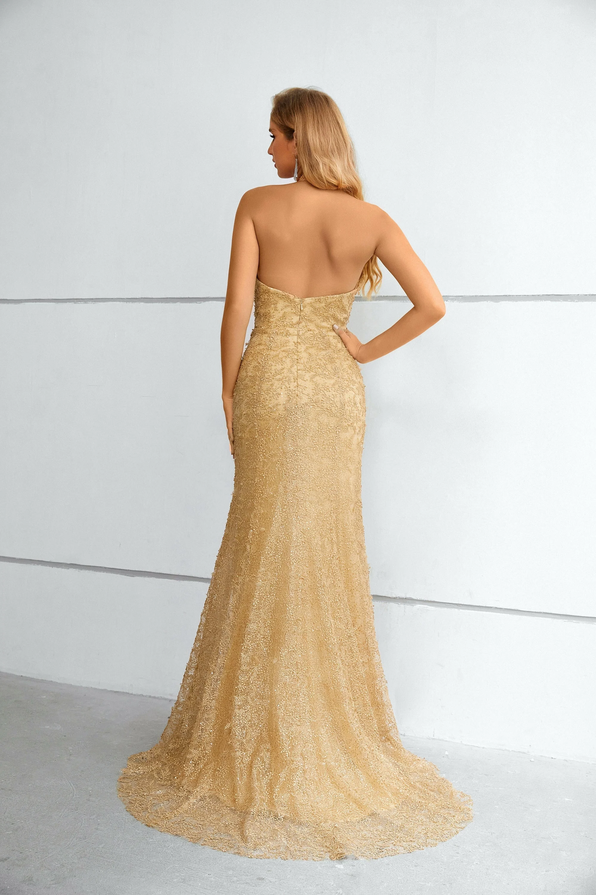 High Collar Mermaid Floor-length Sleeveless Backless Appliques Lace Modest Prom Dress - Image 2