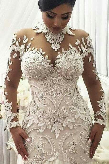 High Neck Beads Appliques Mermaid Wedding Dresses Sheer Tulle Long Sleeves Bridal Gowns - Image 2