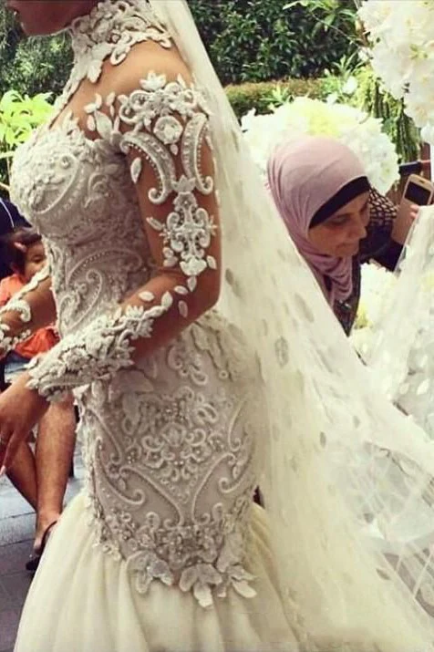 High Neck Beads Appliques Mermaid Wedding Dresses Sheer Tulle Long Sleeves Bridal Gowns - Image 3