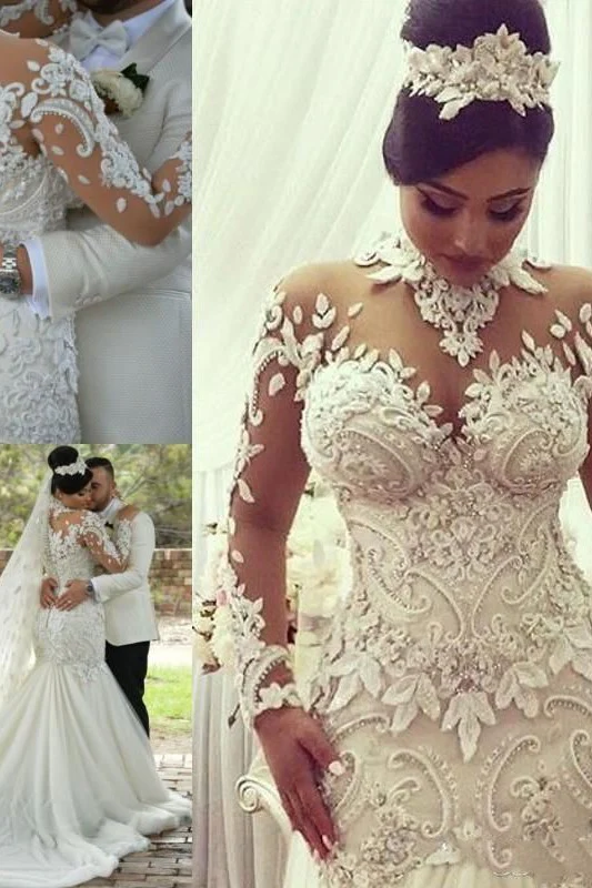 High Neck Beads Appliques Mermaid Wedding Dresses Sheer Tulle Long Sleeves Bridal Gowns - Image 4