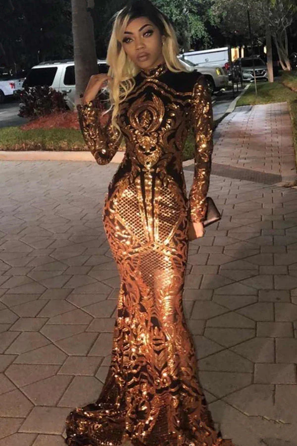 High Neck Golden Appliques Mermaid Long Sleevess Prom Dresses - Image 2