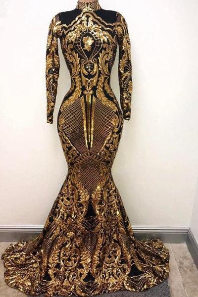 High Neck Golden Appliques Mermaid Long Sleevess Prom Dresses - Image 3