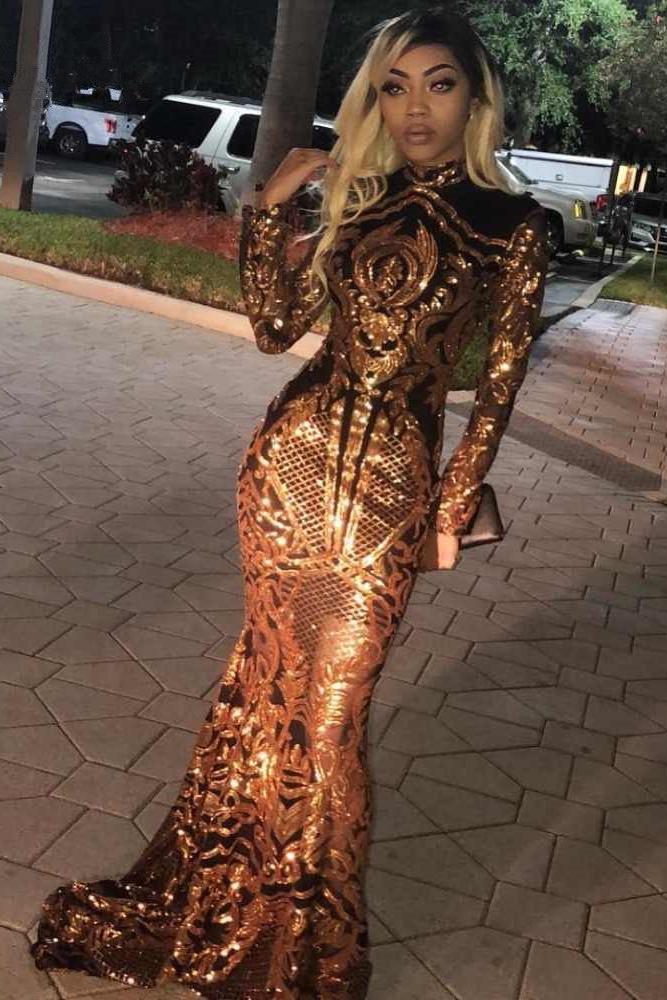 High Neck Golden Appliques Mermaid Long Sleevess Prom Dresses - Image 4