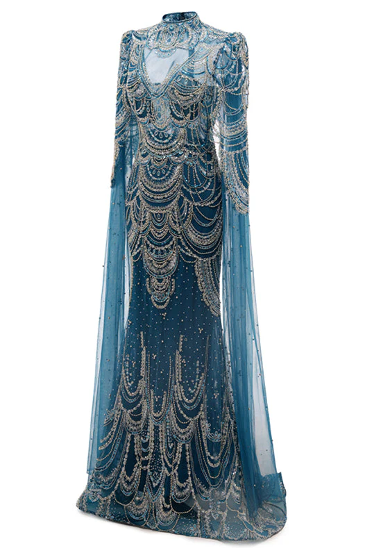High neck Ink Blue Long sleeves Beaded Mermaid Evening Dresses - Image 2