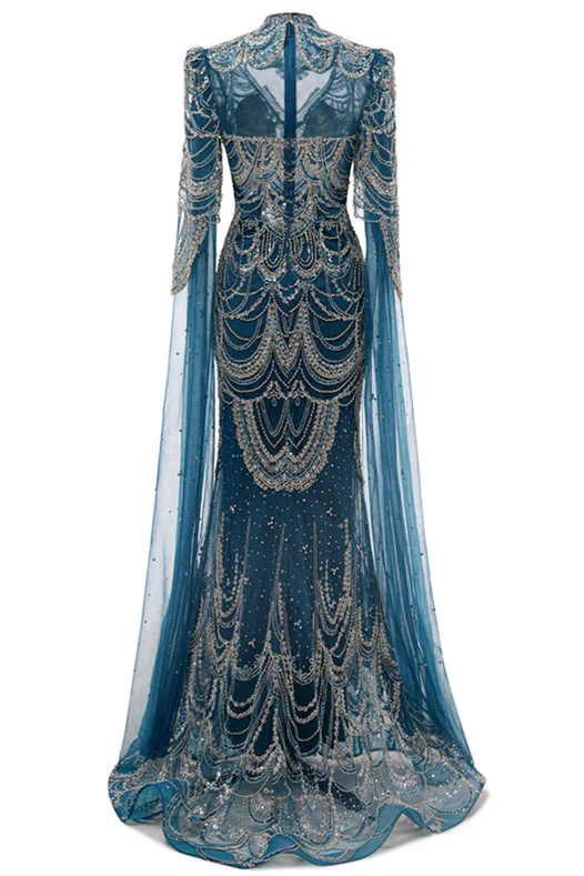 High neck Ink Blue Long sleeves Beaded Mermaid Evening Dresses - Image 3