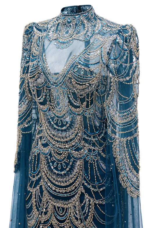 High neck Ink Blue Long sleeves Beaded Mermaid Evening Dresses - Image 4