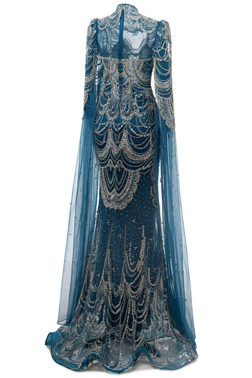 High neck Ink Blue Long sleeves Beaded Mermaid Evening Dresses - Image 5
