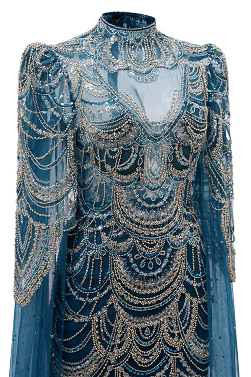 High neck Ink Blue Long sleeves Beaded Mermaid Evening Dresses - Image 6