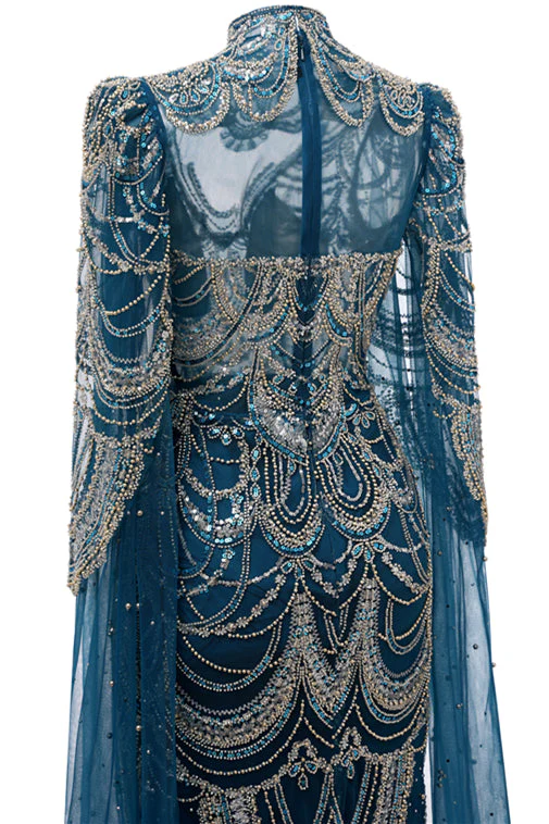 High neck Ink Blue Long sleeves Beaded Mermaid Evening Dresses - Image 7