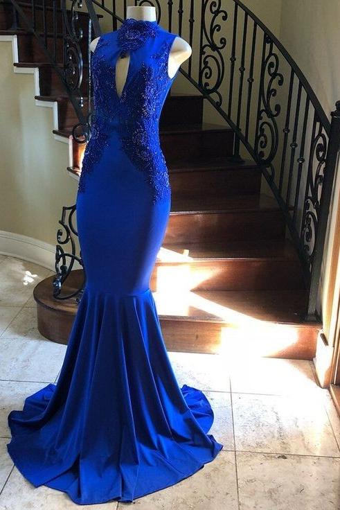 High Neck Keyhole Appliques Sleeveless Mermaid Evening Dresses - Image 2