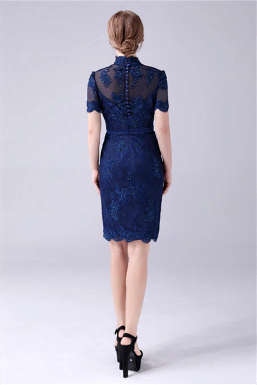 High-neck Lace Knee-length Short sleeves paillette Mermaid mother's dress - Image 2