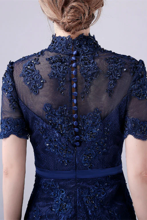 High-neck Lace Knee-length Short sleeves paillette Mermaid mother's dress - Image 3