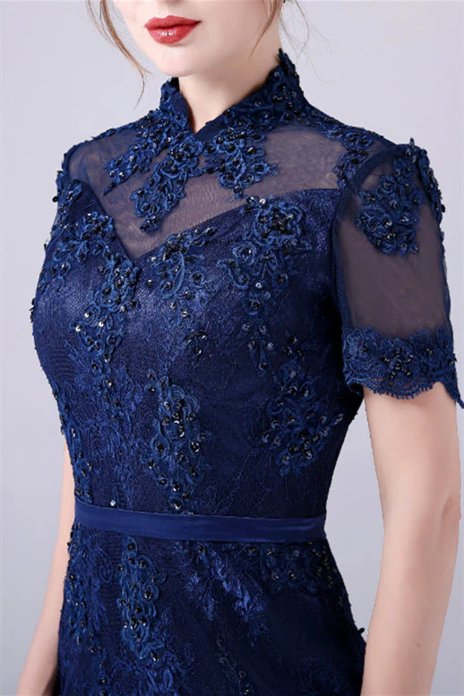 High-neck Lace Knee-length Short sleeves paillette Mermaid mother's dress - Image 4
