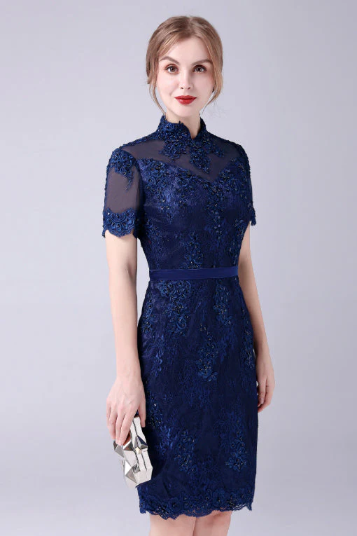 High-neck Lace Knee-length Short sleeves paillette Mermaid mother's dress - Image 5