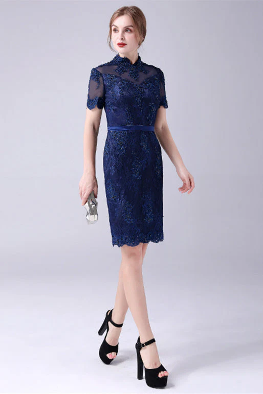 High-neck Lace Knee-length Short sleeves paillette Mermaid mother's dress - Image 6