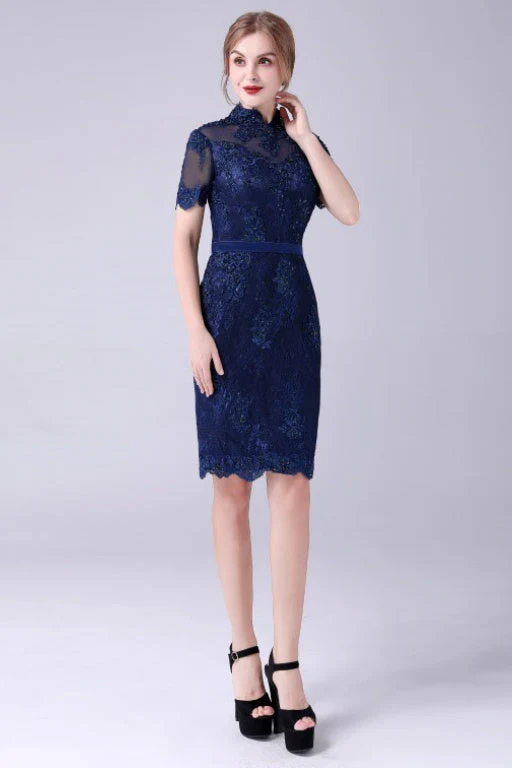 High-neck Lace Knee-length Short sleeves paillette Mermaid mother's dress - Image 7