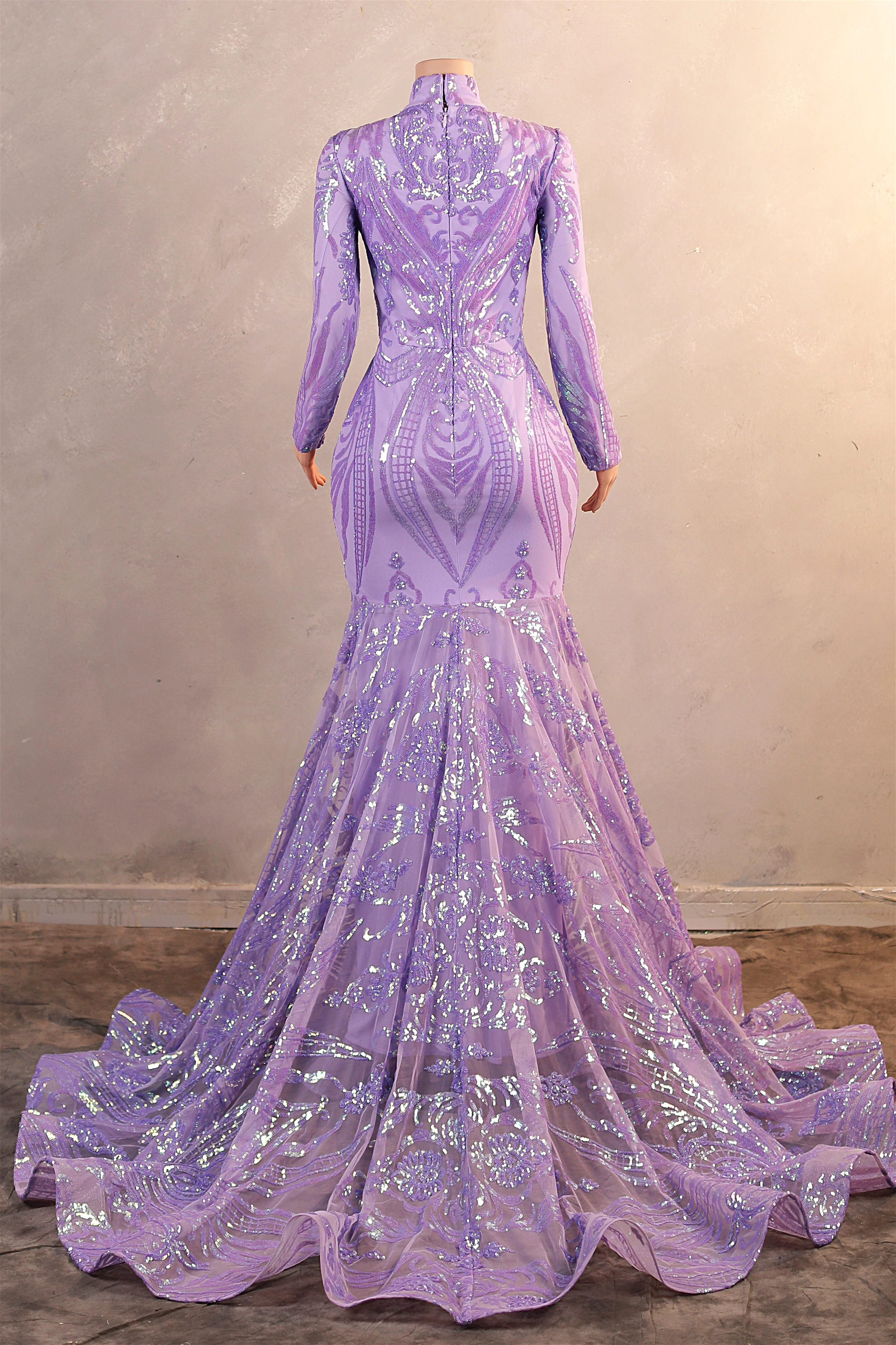 High Neck Long Sleeve Sweep Train Zipper Mermaid Evening Dress - Image 2