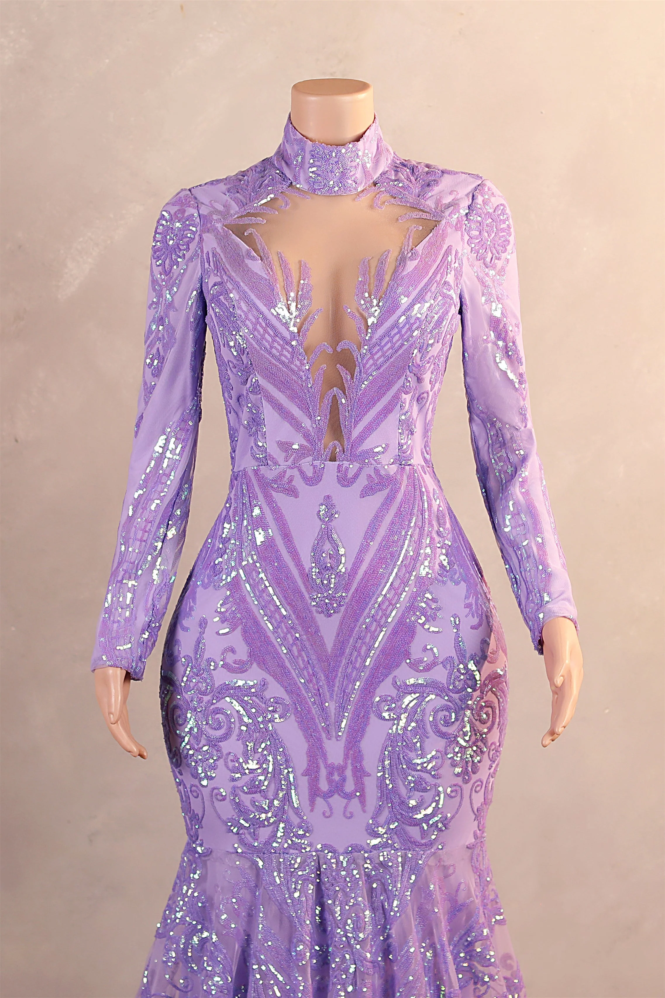 High Neck Long Sleeve Sweep Train Zipper Mermaid Evening Dress - Image 4