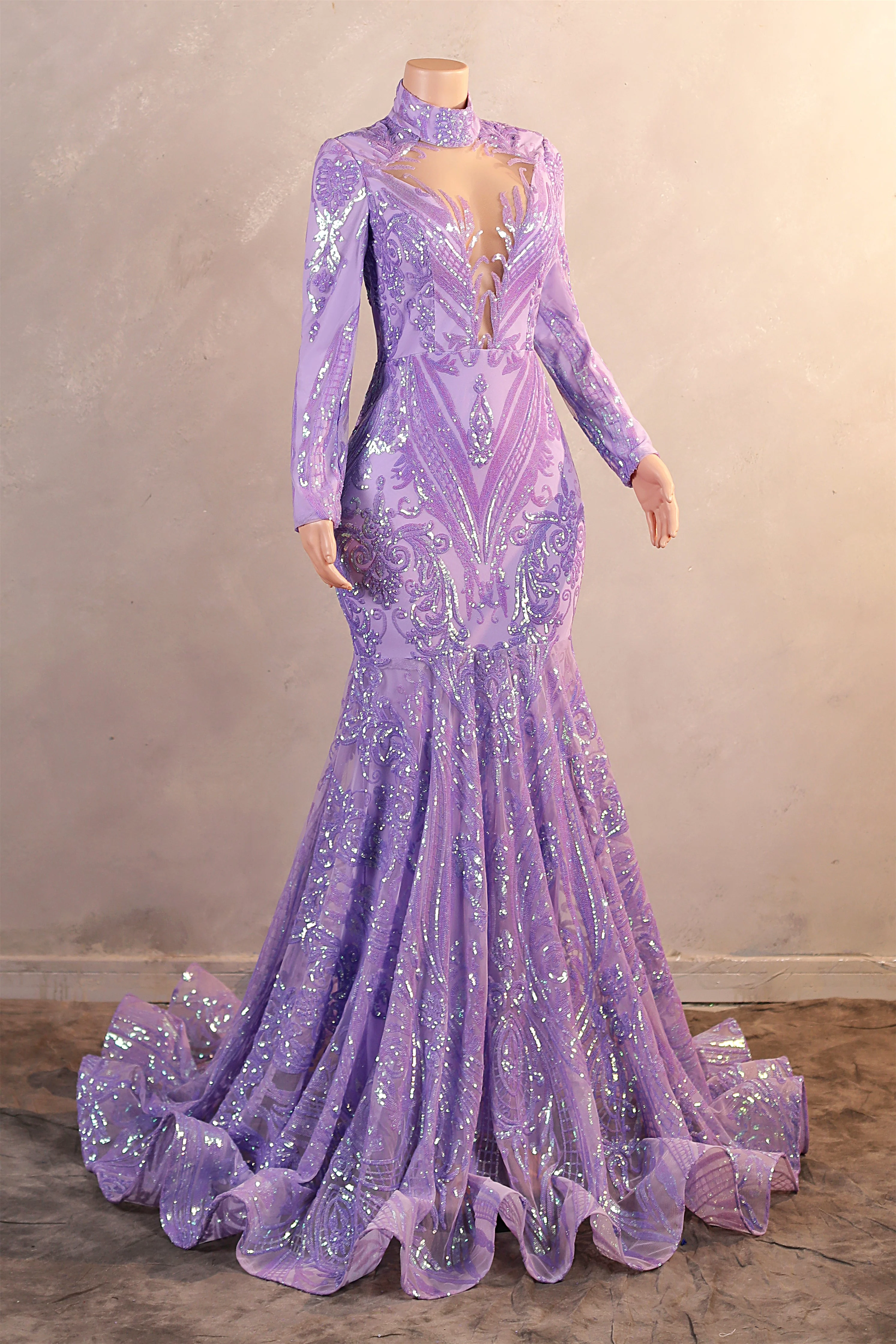 High Neck Long Sleeve Sweep Train Zipper Mermaid Evening Dress - Image 6