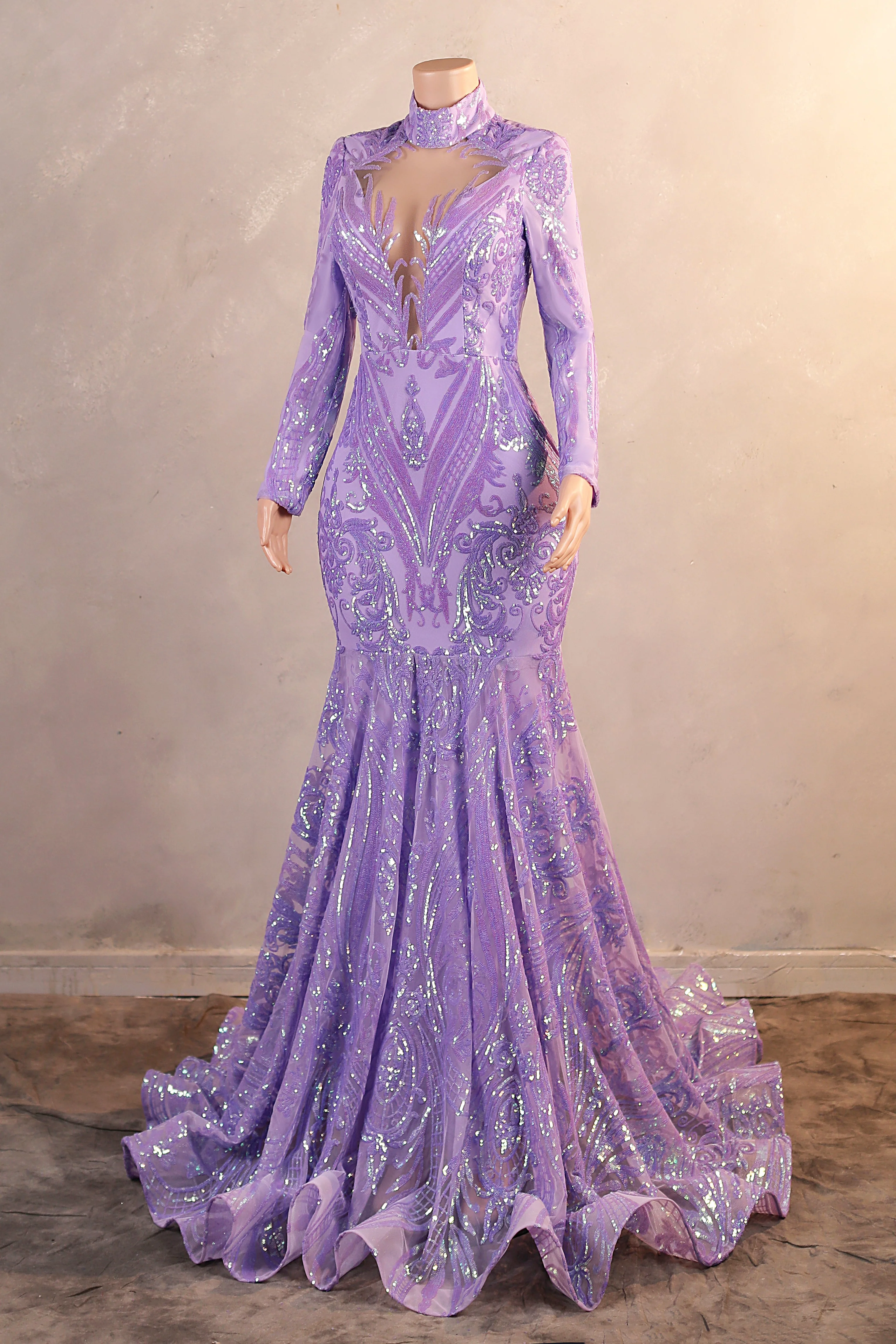 High Neck Long Sleeve Sweep Train Zipper Mermaid Evening Dress - Image 7