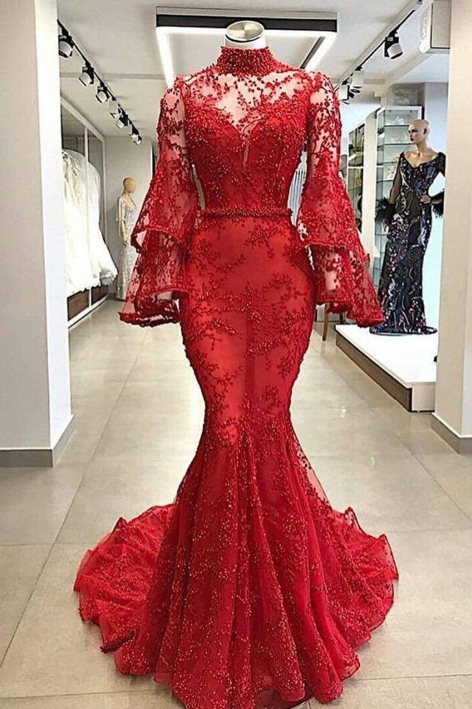 High Neck Long Sleevess Mermaid Beading Applique Chapel Train Prom Party Gowns - Image 2