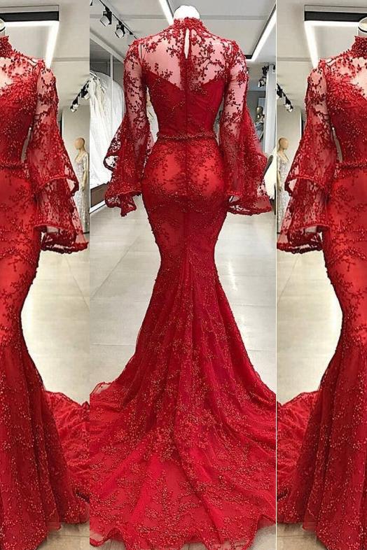 High Neck Long Sleevess Mermaid Beading Applique Chapel Train Prom Party Gowns - Image 3