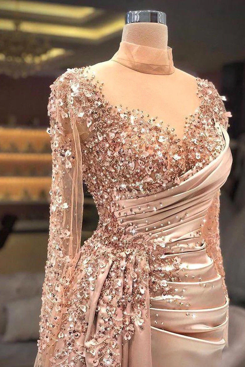 High Neck Mermaid Long Sleeves Lace Sequined Floor-length Long Sleeve With Side Train Prom Dress - Image 2