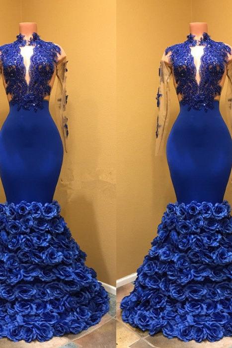 High Neck Mermaid Prom Dress, Flowers Prom Party Gowns - Image 2