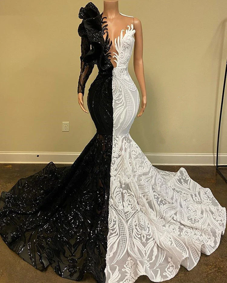 Hot Half Black Half White One shoulder Long Sleeves Mermaid Prom Dresses - Image 3