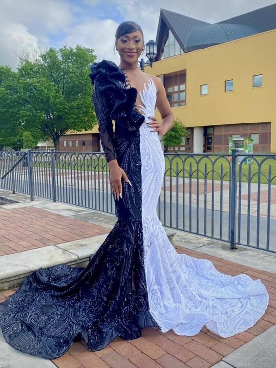Hot Half Black Half White One shoulder Long Sleeves Mermaid Prom Dresses - Image 4