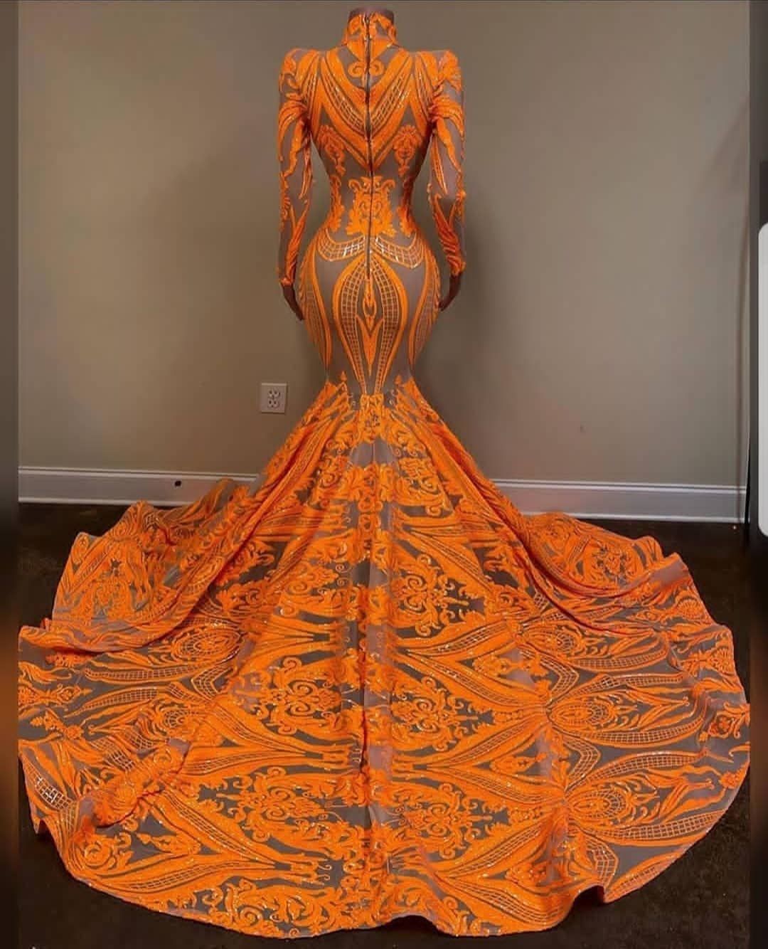 Hot Orange High neck Long Sleeves Mermaid Sequin Prom Dresses - Image 2