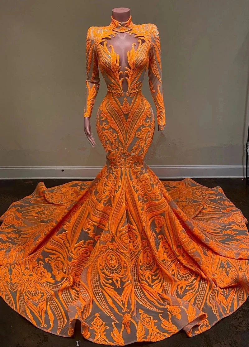 Hot Orange High neck Long Sleeves Mermaid Sequin Prom Dresses - Image 3
