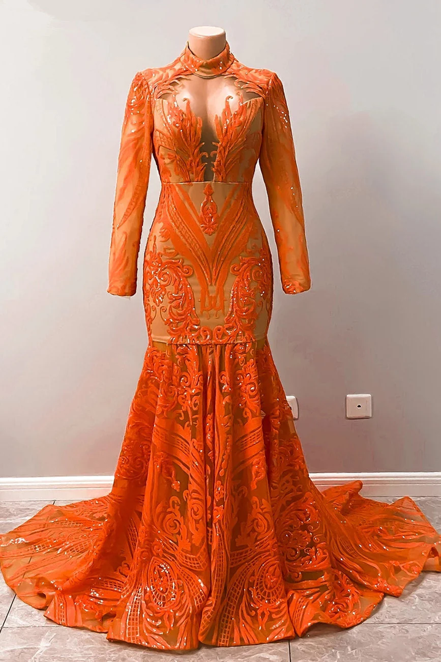 Hot Orange High neck Long Sleeves Mermaid Sequin Prom Dresses - Image 4
