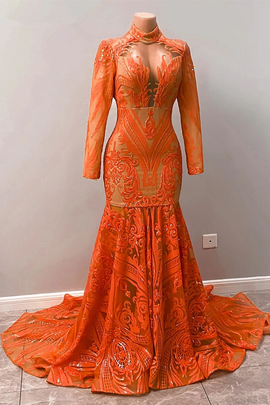 Hot Orange High neck Long Sleeves Mermaid Sequin Prom Dresses - Image 5