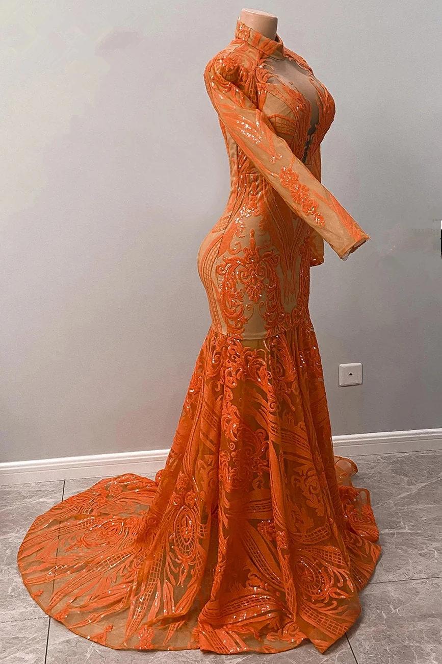 Hot Orange High neck Long Sleeves Mermaid Sequin Prom Dresses - Image 6