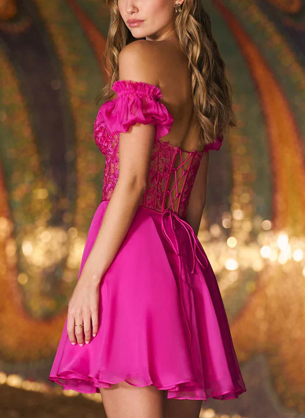 Hot Pink Sweetheart Short Sleeves Homecoming Dresses With Appliques Lace - Image 2