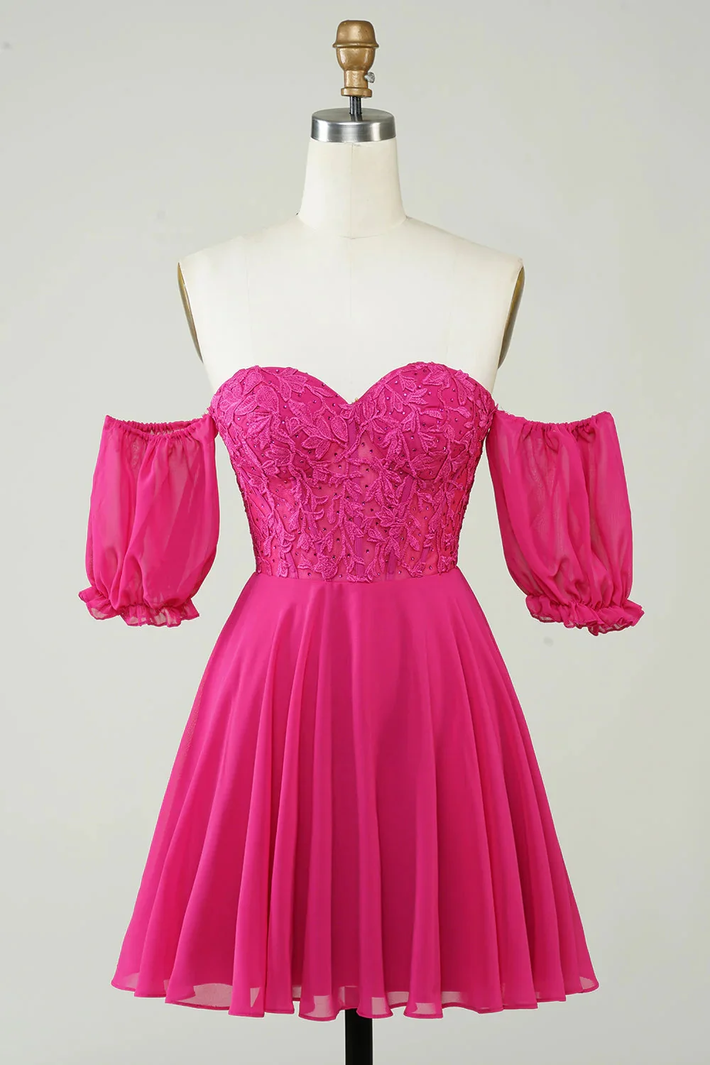 Hot Pink Sweetheart Short Sleeves Homecoming Dresses With Appliques Lace - Image 4